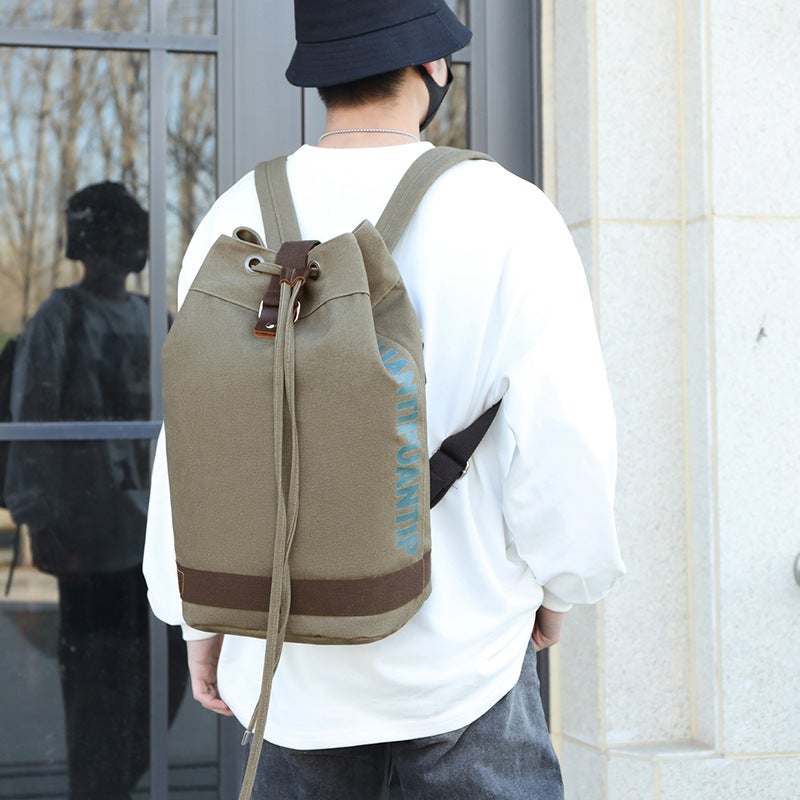 Bucket Drawstring Backpack Canvas Men'S Denim Large Capacity Luggage Outdoor Travel Mountaineering School Bag Drawstring Flap Pocket Pants Backpack - Image 3