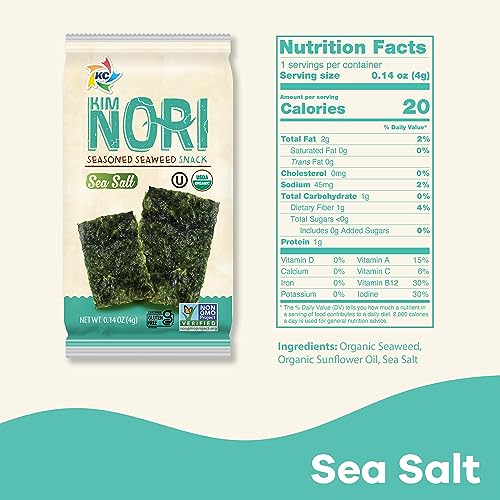 KIMNORI Seasoned Seaweed Snacks Sheets – Organic Sea Salt Flavor 24 Individual Packs Roasted Crispy Premium 100% Natural Laver Kim Nori 4g 0.14 Ounce - Image 3