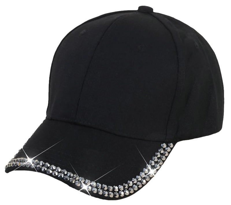 Bagkeak Rhinestone Baseball Cap Bling Stylish Baseball Caps for Women Adjustable Simple Hat Casual Travel Sun Hats 2025 Black - Image 1