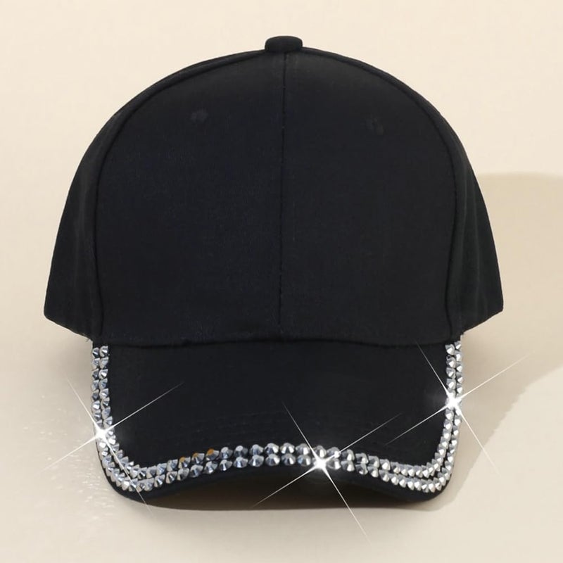 Bagkeak Rhinestone Baseball Cap Bling Stylish Baseball Caps for Women Adjustable Simple Hat Casual Travel Sun Hats 2025 Black - Image 2