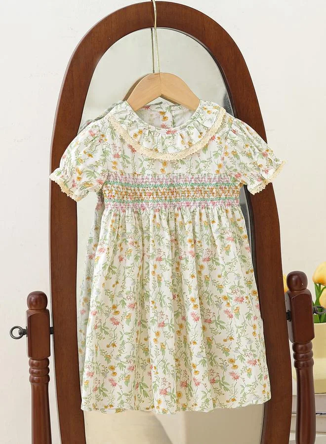 Girls Floral Print Smocked A-Line Dress