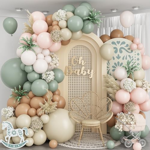 Froova Dusty Green Neutral Balloon Garland Arch Kit Sage Green Nude Cream Sand White Light Brown Pastel Blush Pink Double Stuffed Balloons for Baby Bridal Shower Wedding Birthday Boho Party Decorations - Image 1