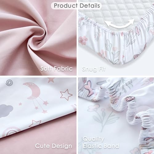 NacoMoco 4 Pack Bedside Bassinet Sheets - 35"x20" Bassinet Sheets for Newton, Ezebaby, AMKE & Other Large Bedside Sleeper | Ultra Soft & Skin Friendly Bassinet Fitted Sheet for Girls - Image 5