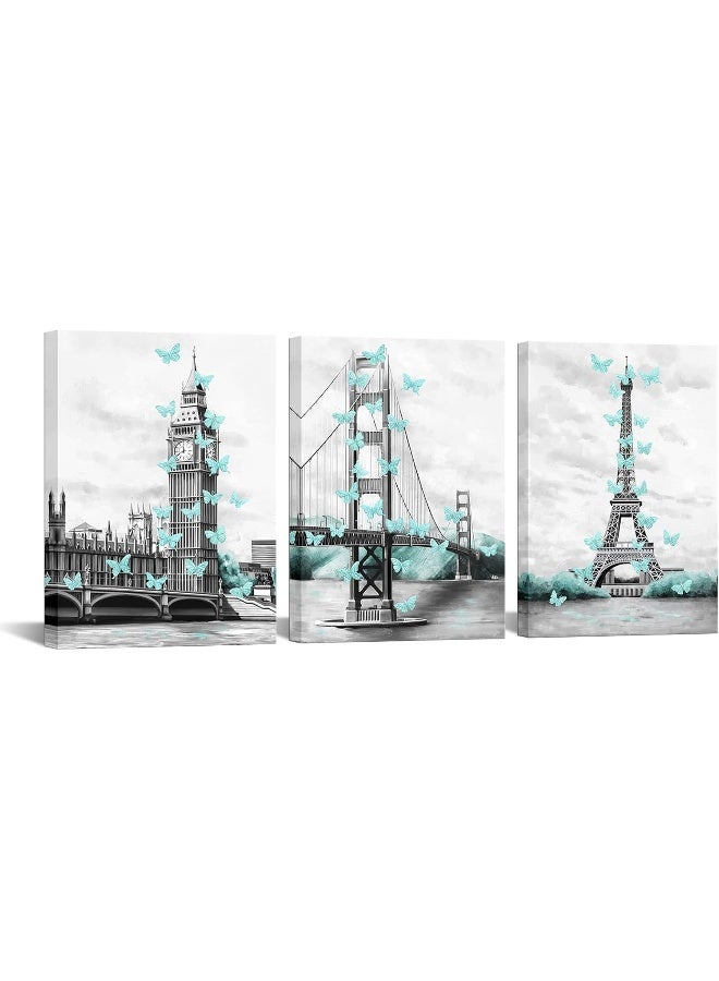 Home Trove Sechars Paris Eiffel Tower Decor For Bedroom Glam London Big Ben Tower Eiffel Golden Gate Bridge With Butterflies Poster Art Painting Prints - Image 1