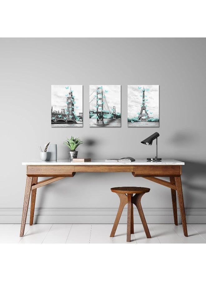 Home Trove Sechars Paris Eiffel Tower Decor For Bedroom Glam London Big Ben Tower Eiffel Golden Gate Bridge With Butterflies Poster Art Painting Prints - Image 2