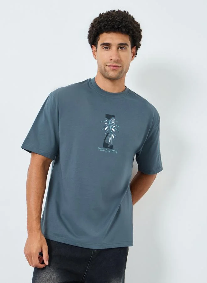 Styli Men Grey Graphic Print Oversized T-Shirt