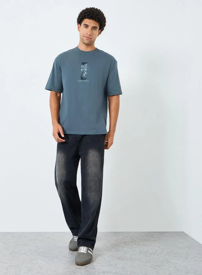 Styli Men Grey Graphic Print Oversized T-Shirt