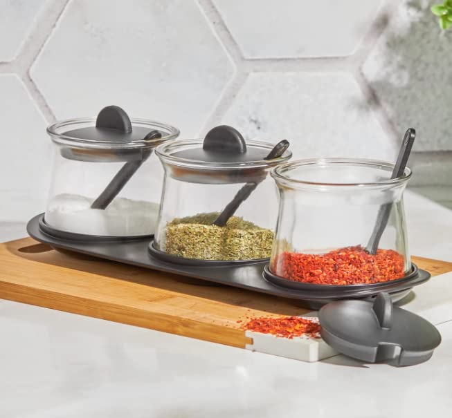 BLISSBORN Glass Condiment Jar with 3 Lids Sugar BowlSalt Box with Lid Coffee Canister Bath Salt Storage Jar 300 ML - Image 1