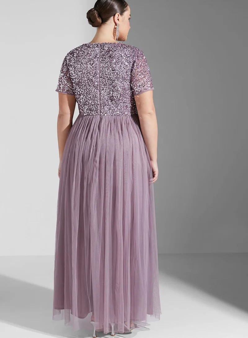 Maya Plus Sequin Detail Tulle Pleated Dress