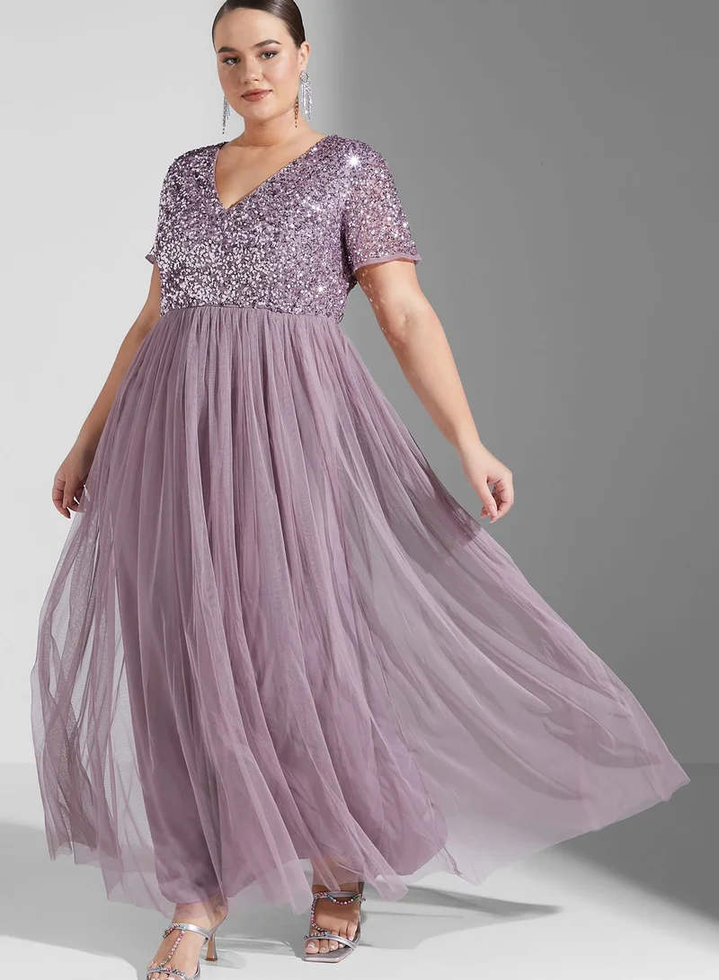 Maya Plus Sequin Detail Tulle Pleated Dress