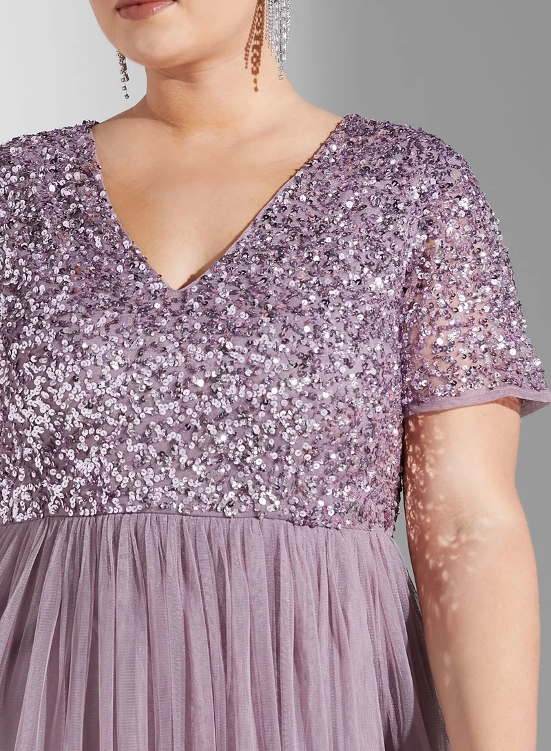 Maya Plus Sequin Detail Tulle Pleated Dress