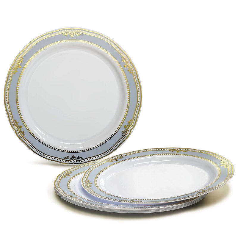 OCCASIONS FINEST PLA "" OCCASIONS "" 50 Plates Pack (25 Guests)-Wedding Party Disposable Plastic Plate Set -25 x 10.25'' Dinner + 25 x 7.5'' Salad & Dessert plates (Scalloped in White/Blue & Gold) - Image 2