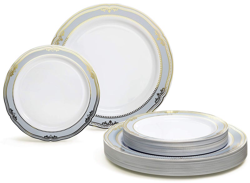 OCCASIONS FINEST PLA "" OCCASIONS "" 50 Plates Pack (25 Guests)-Wedding Party Disposable Plastic Plate Set -25 x 10.25'' Dinner + 25 x 7.5'' Salad & Dessert plates (Scalloped in White/Blue & Gold) - Image 1
