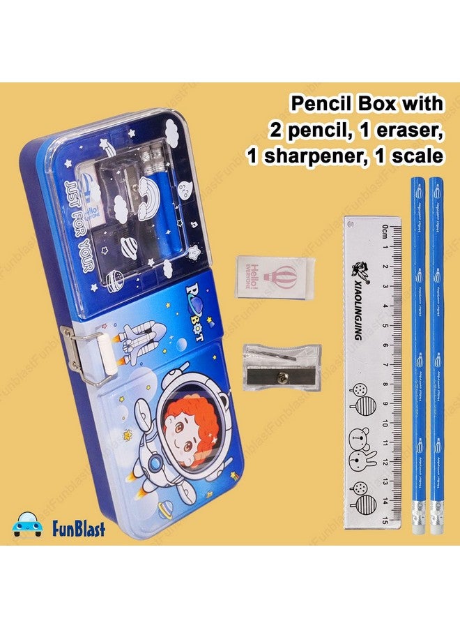 FunBlast Cartoon Pencil Case for Girls - Metal Pencil Box with Pencil, Eraser, Sharpener - Double Layer Pencil Case Stationary Organizer for Kids, Birthday Return Gift for Kids (Blue) - Image 4