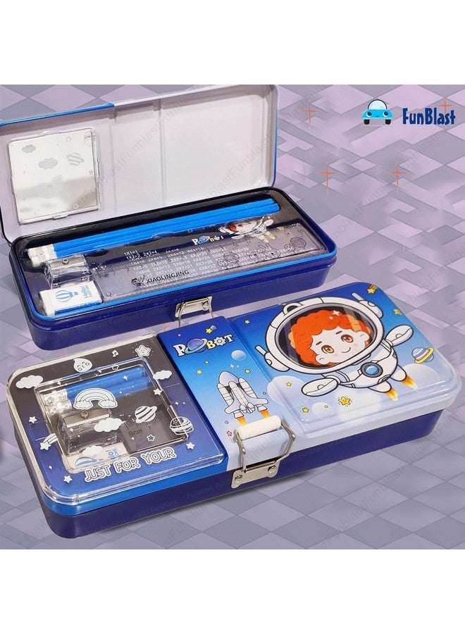 FunBlast Cartoon Pencil Case for Girls - Metal Pencil Box with Pencil, Eraser, Sharpener - Double Layer Pencil Case Stationary Organizer for Kids, Birthday Return Gift for Kids (Blue) - Image 5