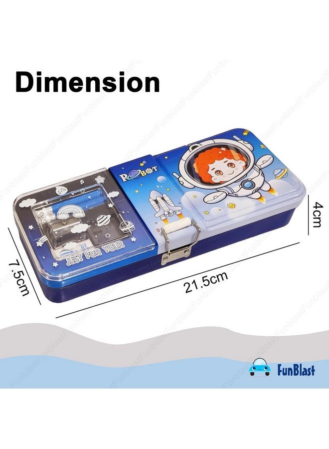 FunBlast Cartoon Pencil Case for Girls - Metal Pencil Box with Pencil, Eraser, Sharpener - Double Layer Pencil Case Stationary Organizer for Kids, Birthday Return Gift for Kids (Blue) - Image 3