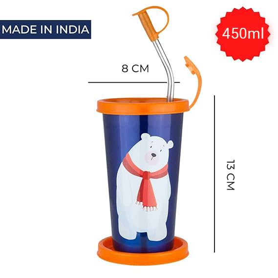 PDDFALCON Stainless Steel Cartoon Print Glass/Tumbler With Steel Straw,Cleaning Brush & Food Grade Cap for Straw, 100% Leak Proof, BIS Certified, Jindal Seal & Made In India- 450ml (Dark Blue) - Image 2