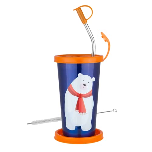 PDDFALCON Stainless Steel Cartoon Print Glass/Tumbler With Steel Straw,Cleaning Brush & Food Grade Cap for Straw, 100% Leak Proof, BIS Certified, Jindal Seal & Made In India- 450ml (Dark Blue) - Image 1