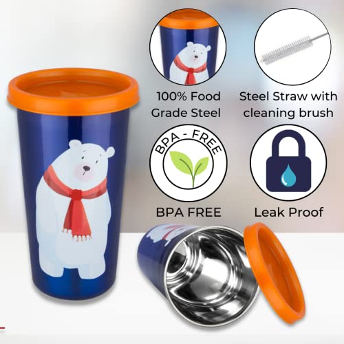 PDDFALCON Stainless Steel Cartoon Print Glass/Tumbler With Steel Straw,Cleaning Brush & Food Grade Cap for Straw, 100% Leak Proof, BIS Certified, Jindal Seal & Made In India- 450ml (Dark Blue) - Image 3