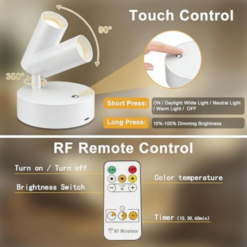 Spotlight Indoor, Wireless Operated with Remote, Uplight Indoor Down Light for Picture on Wall, Plant Spotlight Dimmable Timer, Mini Ceiling Lights Painting for Trees Plant, Type C Charging - Image 5