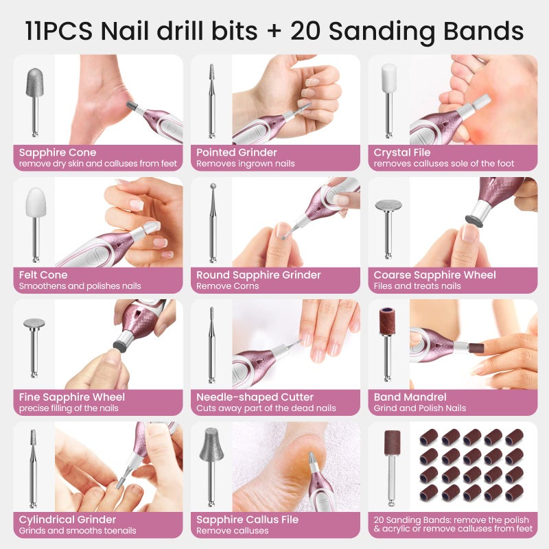 ISTON 36-Piece Professional Manicure Pedicure Kit-Cordless Electric Nail File Kit,20000RPM, 11Pcs Bits,4 Speed,Rechargeable Pedicure Tool for Feet,Hand Foot Care Nail Drill Tool for Nail Grind Trim Polish - Image 4