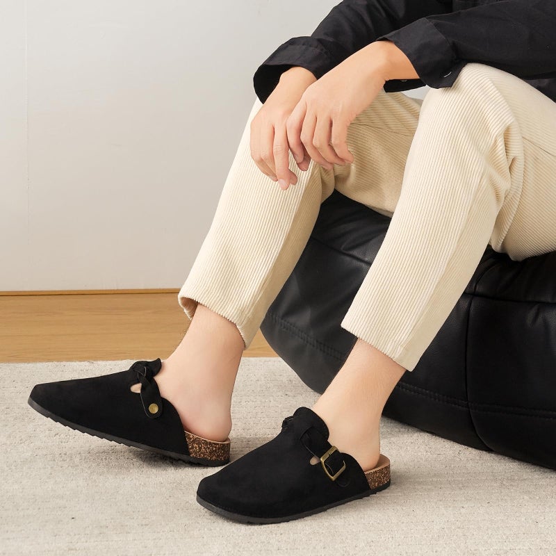 DDXYYDS Women's Suede Clogs Mens Leather Mules Comfort Cork Footbed Sandals with Arch Support and Adjustable Buckle Black - Image 3