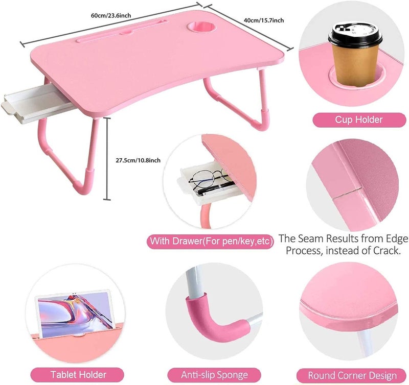 Kylinbigda Laptop Desk Foldable Bed Table, Portable Lap Desk Laptop Bed Tray Table with Storage Drawer and Cup Holder, Lap TraysTables Notebook Stand Reading Desks Breakfast Tray for Beds Couch Sofa Floor â€“ Pink - Image 5