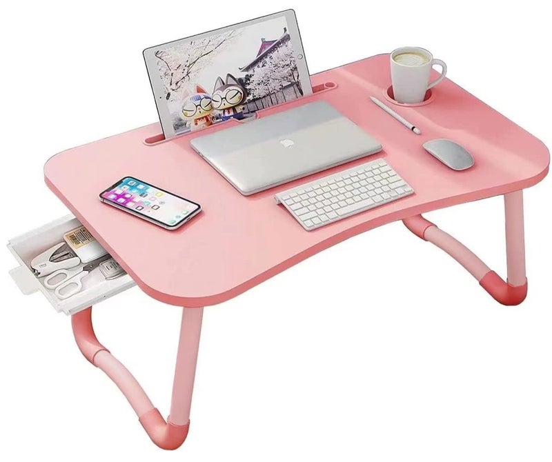 Kylinbigda Laptop Desk Foldable Bed Table, Portable Lap Desk Laptop Bed Tray Table with Storage Drawer and Cup Holder, Lap TraysTables Notebook Stand Reading Desks Breakfast Tray for Beds Couch Sofa Floor â€“ Pink - Image 1