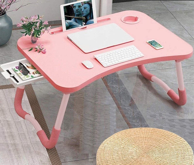 Kylinbigda Laptop Desk Foldable Bed Table, Portable Lap Desk Laptop Bed Tray Table with Storage Drawer and Cup Holder, Lap TraysTables Notebook Stand Reading Desks Breakfast Tray for Beds Couch Sofa Floor â€“ Pink - Image 2