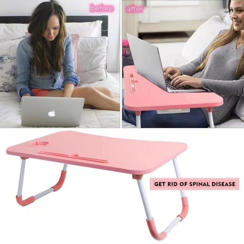 Kylinbigda Laptop Desk Foldable Bed Table, Portable Lap Desk Laptop Bed Tray Table with Storage Drawer and Cup Holder, Lap TraysTables Notebook Stand Reading Desks Breakfast Tray for Beds Couch Sofa Floor â€“ Pink - Image 3