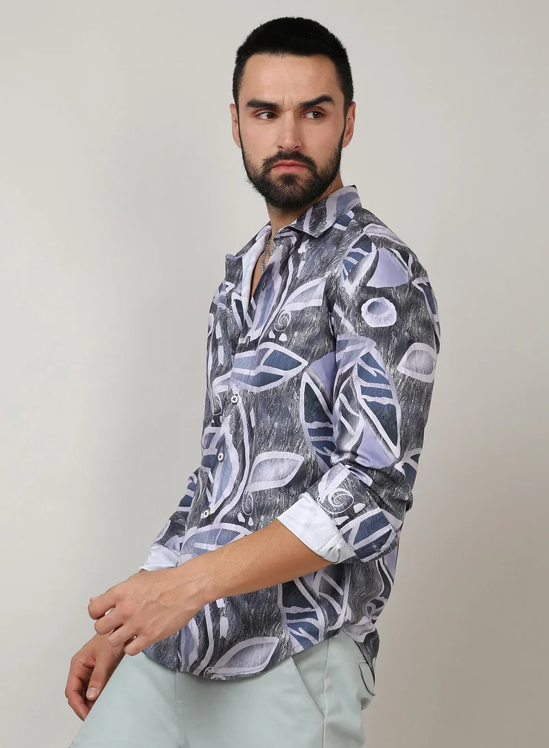 Campus Sutra Men's Charcoal Grey & Prussian Blue Marble Foliage Shirt