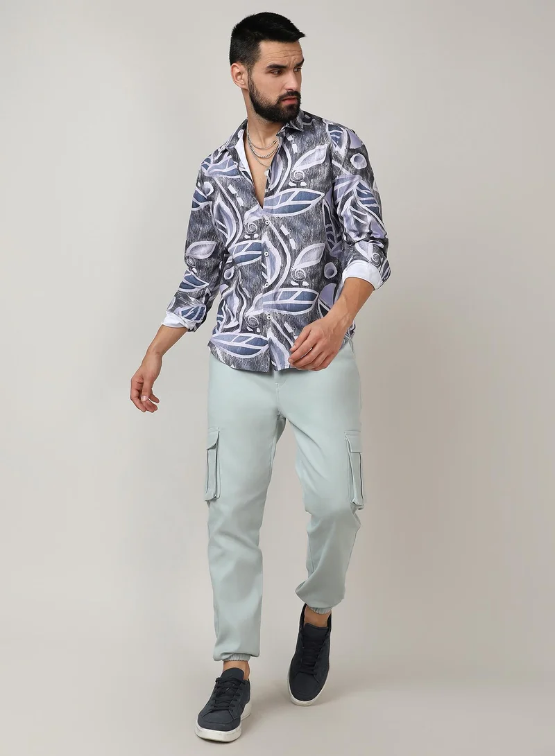 Campus Sutra Men's Charcoal Grey & Prussian Blue Marble Foliage Shirt