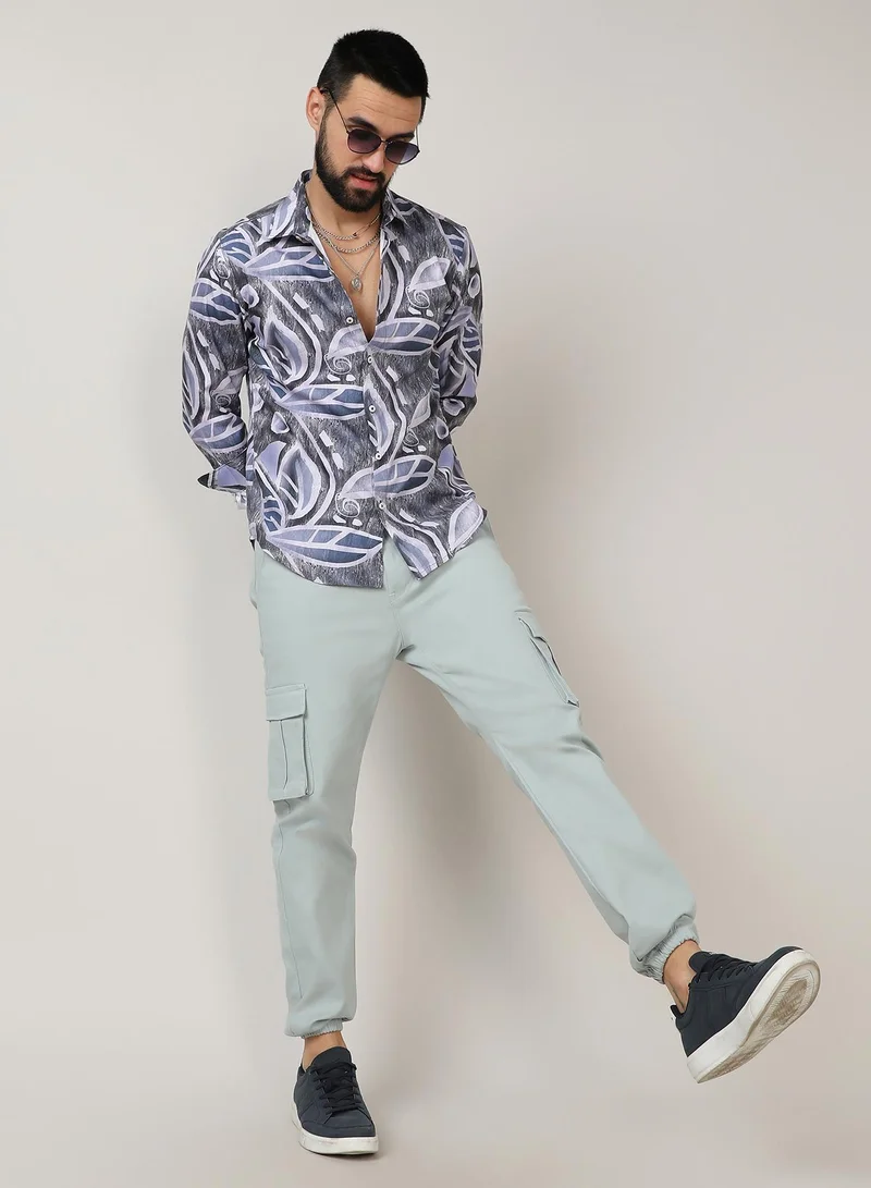 Campus Sutra Men's Charcoal Grey & Prussian Blue Marble Foliage Shirt
