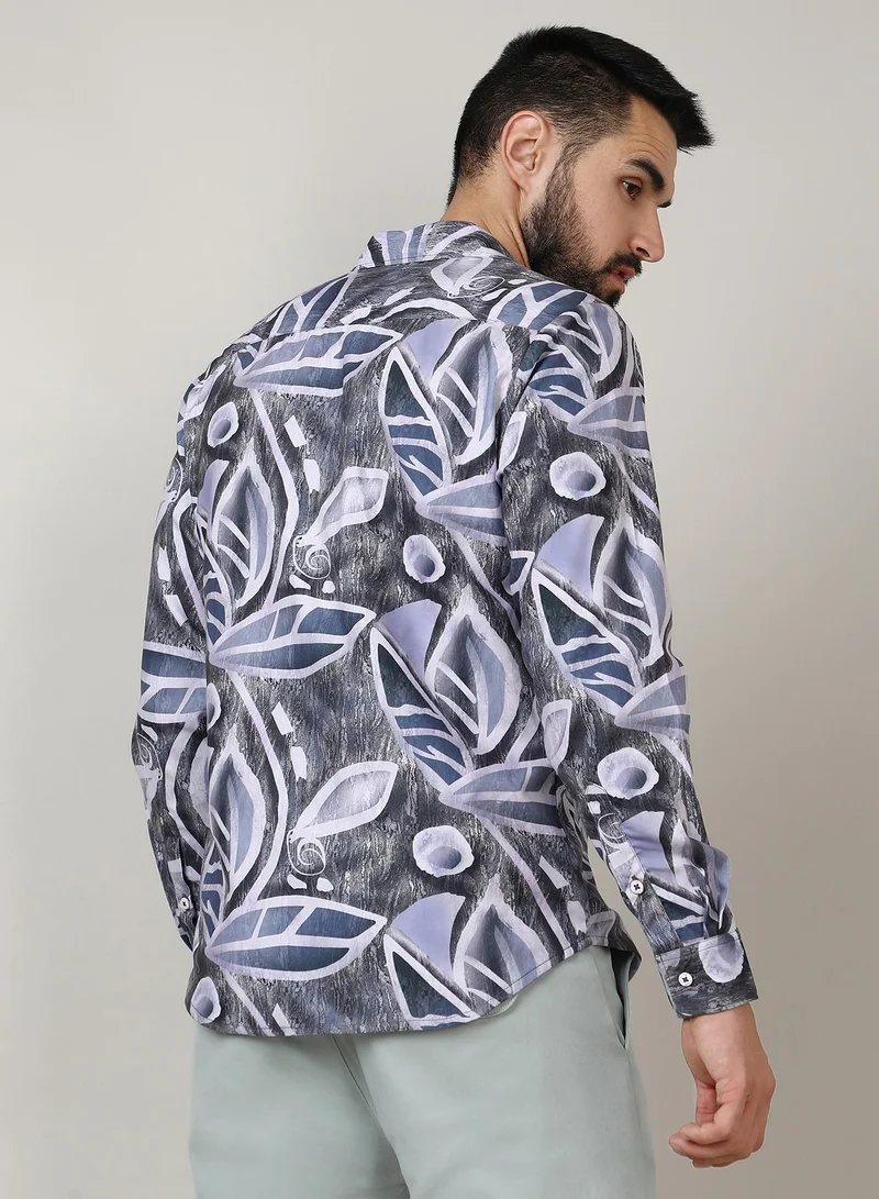 Campus Sutra Men's Charcoal Grey & Prussian Blue Marble Foliage Shirt
