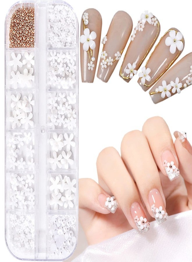 Vezocim White Floral Nail Art Decorations, Five Petals Flowers Nail Glitter Sequins, Flower Pearl Beads Resin Nail Rhinestone Design for Women Girls Manicure Supplies, Blossom Rivet for Nail Stickers Decals - Image 1