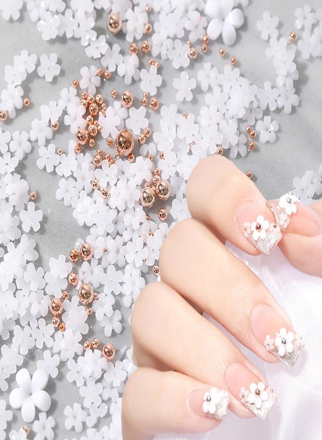 Vezocim White Floral Nail Art Decorations, Five Petals Flowers Nail Glitter Sequins, Flower Pearl Beads Resin Nail Rhinestone Design for Women Girls Manicure Supplies, Blossom Rivet for Nail Stickers Decals - Image 3