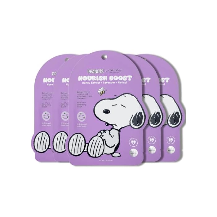 CELAVI x PEANUTS Snoopy Facial Sheet Mask, 5 Pack, Honey Lavender
