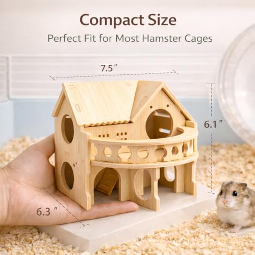 kcrygogo Improved Safety Large Balcony Small & Cute Wooden Hamster House with Large Balcony – Double-Decker Forest-Style Hut for Dwarf Hamsters, Mice, Gerbils, Rats & Small Pets (Compact Size Only) - Image 4