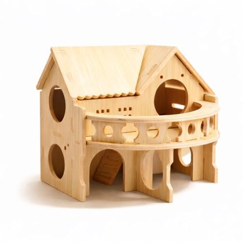 kcrygogo Improved Safety Large Balcony Small & Cute Wooden Hamster House with Large Balcony – Double-Decker Forest-Style Hut for Dwarf Hamsters, Mice, Gerbils, Rats & Small Pets (Compact Size Only) - Image 1