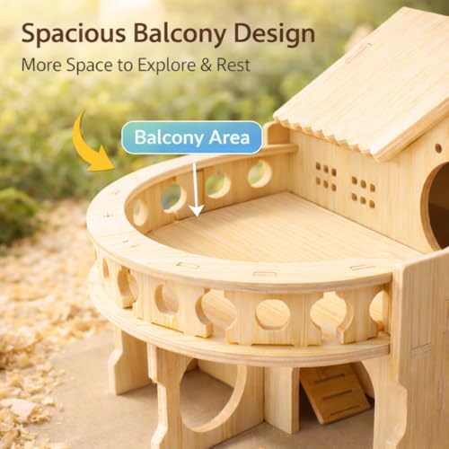 kcrygogo Improved Safety Large Balcony Small & Cute Wooden Hamster House with Large Balcony – Double-Decker Forest-Style Hut for Dwarf Hamsters, Mice, Gerbils, Rats & Small Pets (Compact Size Only) - Image 3