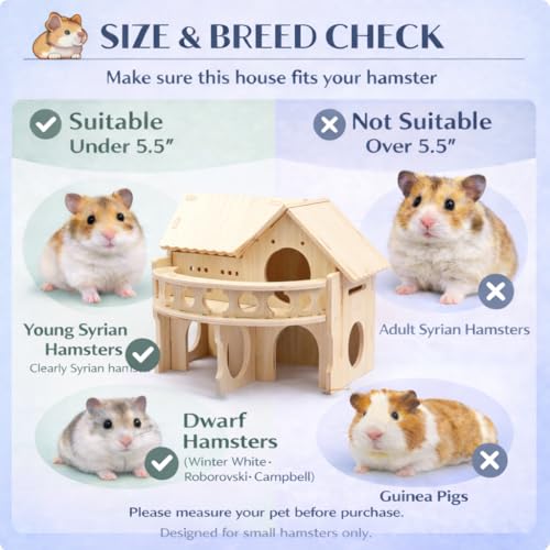 kcrygogo Improved Safety Large Balcony Small & Cute Wooden Hamster House with Large Balcony – Double-Decker Forest-Style Hut for Dwarf Hamsters, Mice, Gerbils, Rats & Small Pets (Compact Size Only) - Image 5