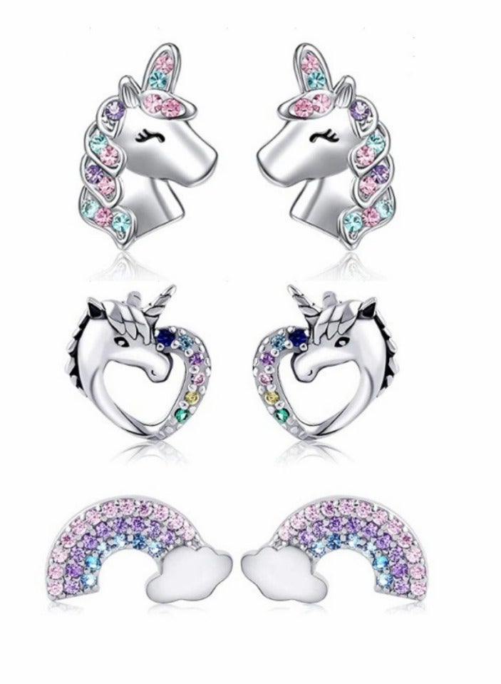 KASTWAVE Stud, Unicorn, Earrings for Little Girls, Glitter Crystal Unicorn Earrings, Unicorn Heart Rainbow Earrings Set, for Daughter Birthday Party Christmas Present, 3 Pairs - Image 1