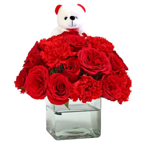 Floralbay Floralbay Valentines Day Special Fresh Flowers Glass Vase Arrangement of 20 Red Roses and 7 Red Carnation With 6inch Teddy 