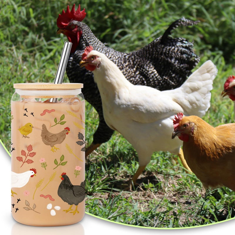 Lovearth 16 oz Cottagecore Glass Cup w/Lid & Straw, Funny Chicken Gifts for Chicken Lovers, Women, Men, Owners, Mom, Her, Farmer, Crazy Chicken Lady Gifts, Cute Mothers Day, Farmhouse, Rooster Decor - Image 3