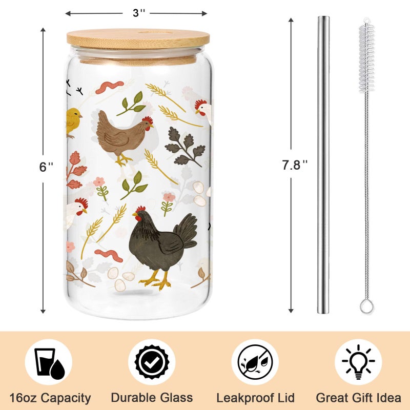 Lovearth 16 oz Cottagecore Glass Cup w/Lid & Straw, Funny Chicken Gifts for Chicken Lovers, Women, Men, Owners, Mom, Her, Farmer, Crazy Chicken Lady Gifts, Cute Mothers Day, Farmhouse, Rooster Decor - Image 4