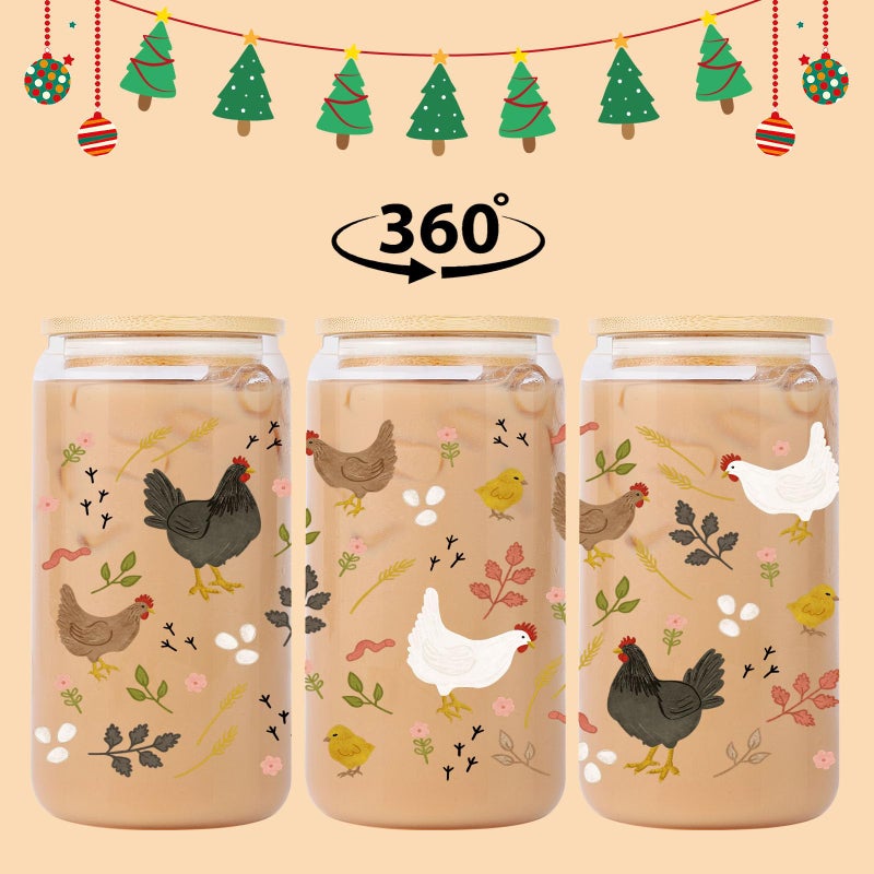 Lovearth 16 oz Cottagecore Glass Cup w/Lid & Straw, Funny Chicken Gifts for Chicken Lovers, Women, Men, Owners, Mom, Her, Farmer, Crazy Chicken Lady Gifts, Cute Mothers Day, Farmhouse, Rooster Decor - Image 2