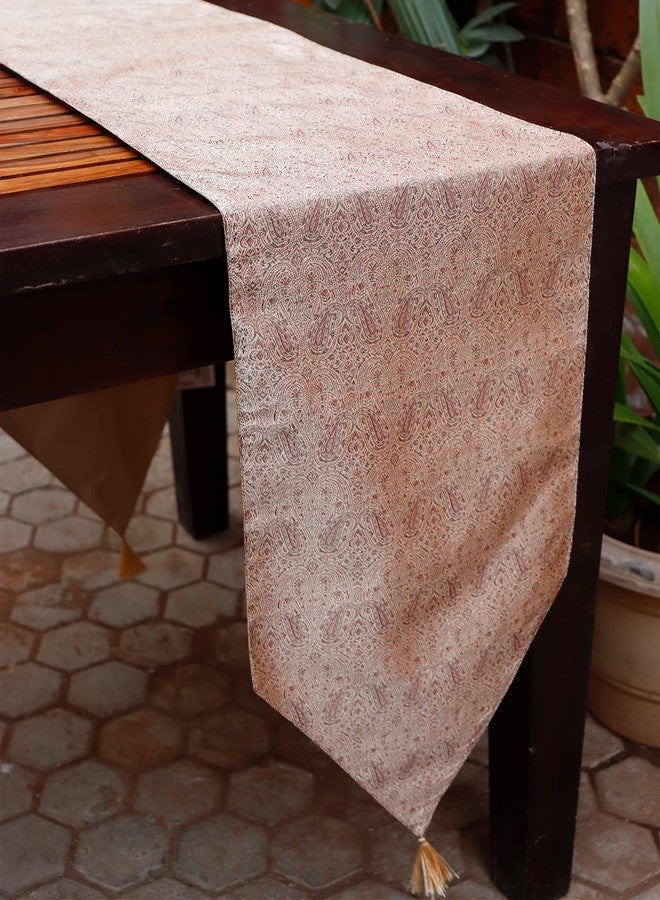 زيبا مفرش طاولة حريري من قماش البروكار من زيبا وورلد - بيج، 30×210 سم (12×84 بوصة) - مزخرف بنسيج ذاتي مع شرابات - مفرش طاولة طعام أنيق لـ 4/6 أشخاص - ديكور غرفة المعيشة والطاولة - Image 1