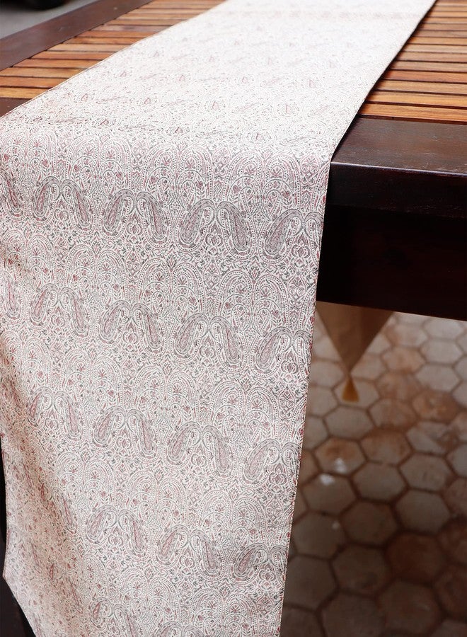 زيبا مفرش طاولة حريري من قماش البروكار من زيبا وورلد - بيج، 30×210 سم (12×84 بوصة) - مزخرف بنسيج ذاتي مع شرابات - مفرش طاولة طعام أنيق لـ 4/6 أشخاص - ديكور غرفة المعيشة والطاولة - Image 2