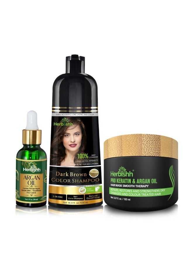 Herbishh After Color Shampoo Combo - Dark Brown Hair Color Shampoo 500 ml, Argan Oil 30 ml & Hair Mask 150 ml - Image 1