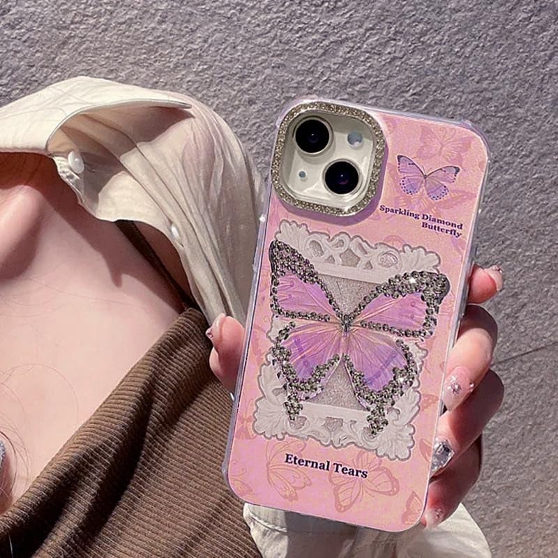 Mobistyle Thermoplastic Polyurethane Designed For iPhone 15 Cover|Glitter Diamand Butterfly Design Phone Back Cover Case For Teen Girl Women (Soft Pink) - Image 5
